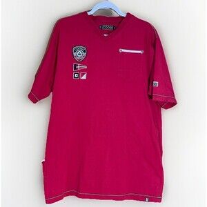 Coogi Shirt Mens XL Red Cotton V-Neck Embroidered Patch Pocket Nautical Logo hip